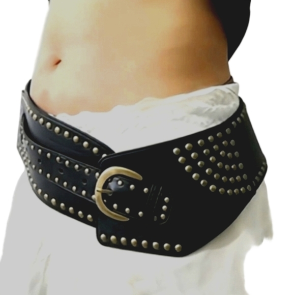 Belt M L Wide Studded Rocker Belts Retro Punk Fashion Brown Black Belt - Picture 8 of 14